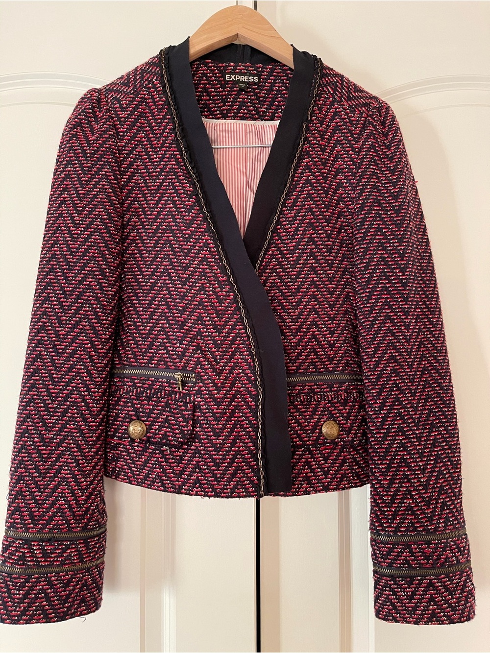 Express Red & Navy Tweed Blazer with Gold Buttons